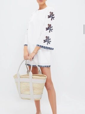 Tuckernuck White Long-Sleeve Embroidered Shift Dress with Navy Accent